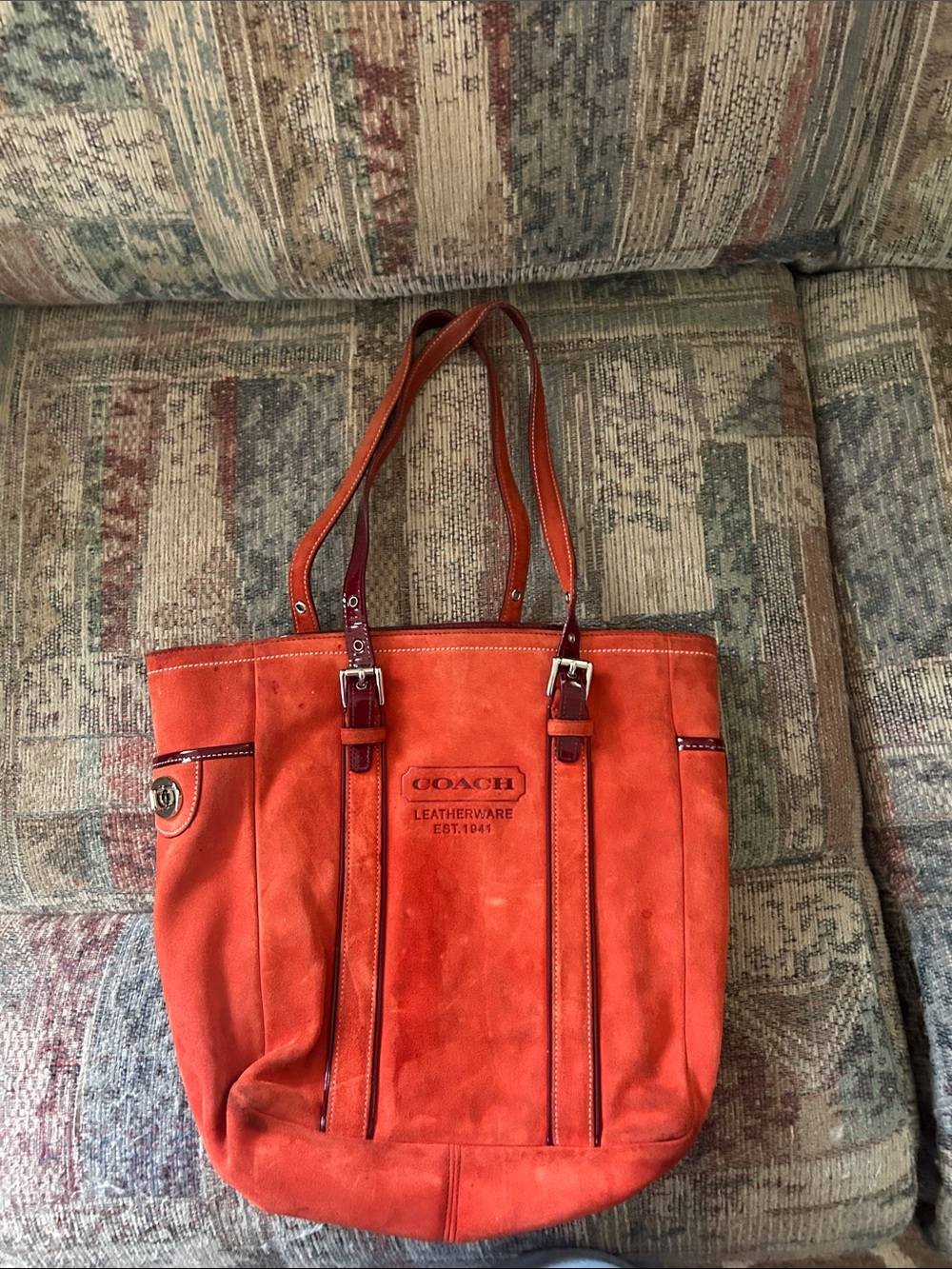 COACH Orange Suede Tote with Leather Trim